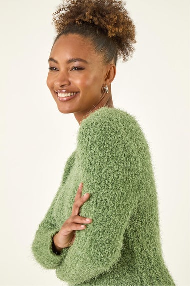Roman Green Fluffy Knit Curved Hem Knit Jumper