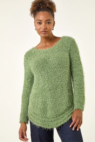 Roman Green Fluffy Knit Curved Hem Knit Jumper