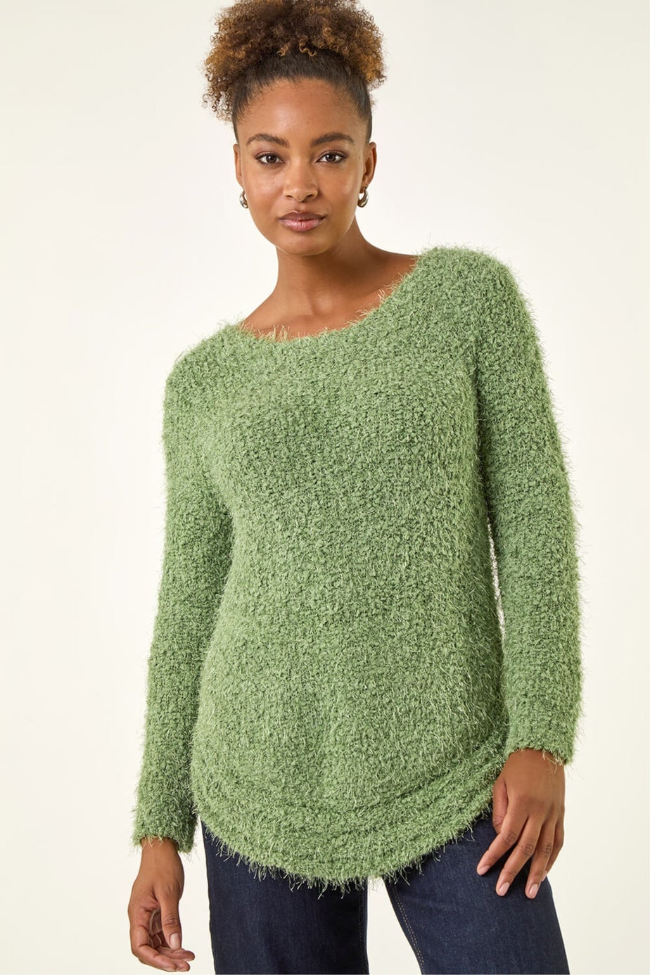 Roman Green Fluffy Knit Curved Hem Knit Jumper