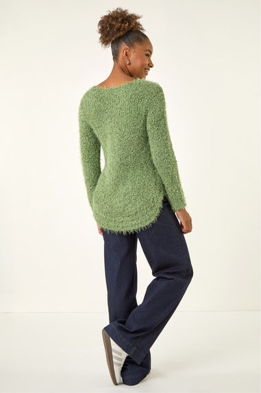 Roman Green Fluffy Knit Curved Hem Knit Jumper