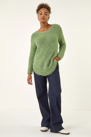 Roman Green Fluffy Knit Curved Hem Knit Jumper