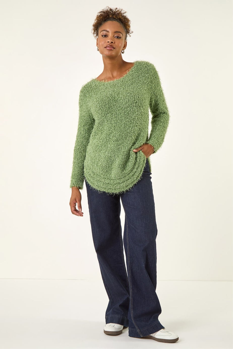Roman Green Fluffy Knit Curved Hem Knit Jumper