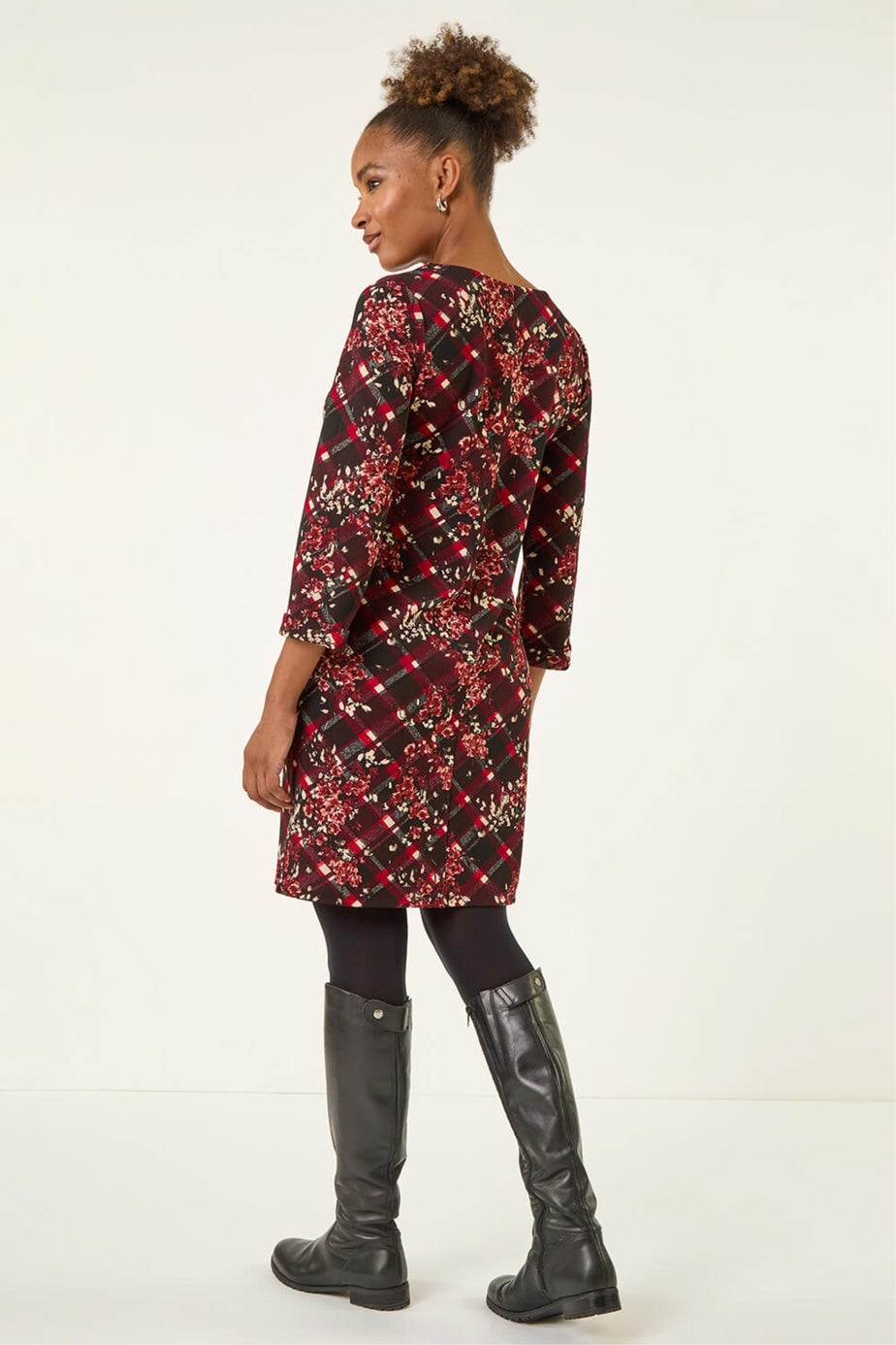 Roman Wine Floral Plaid Panel Shift Dress