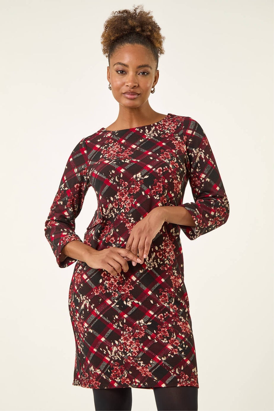 Roman Wine Floral Plaid Panel Shift Dress