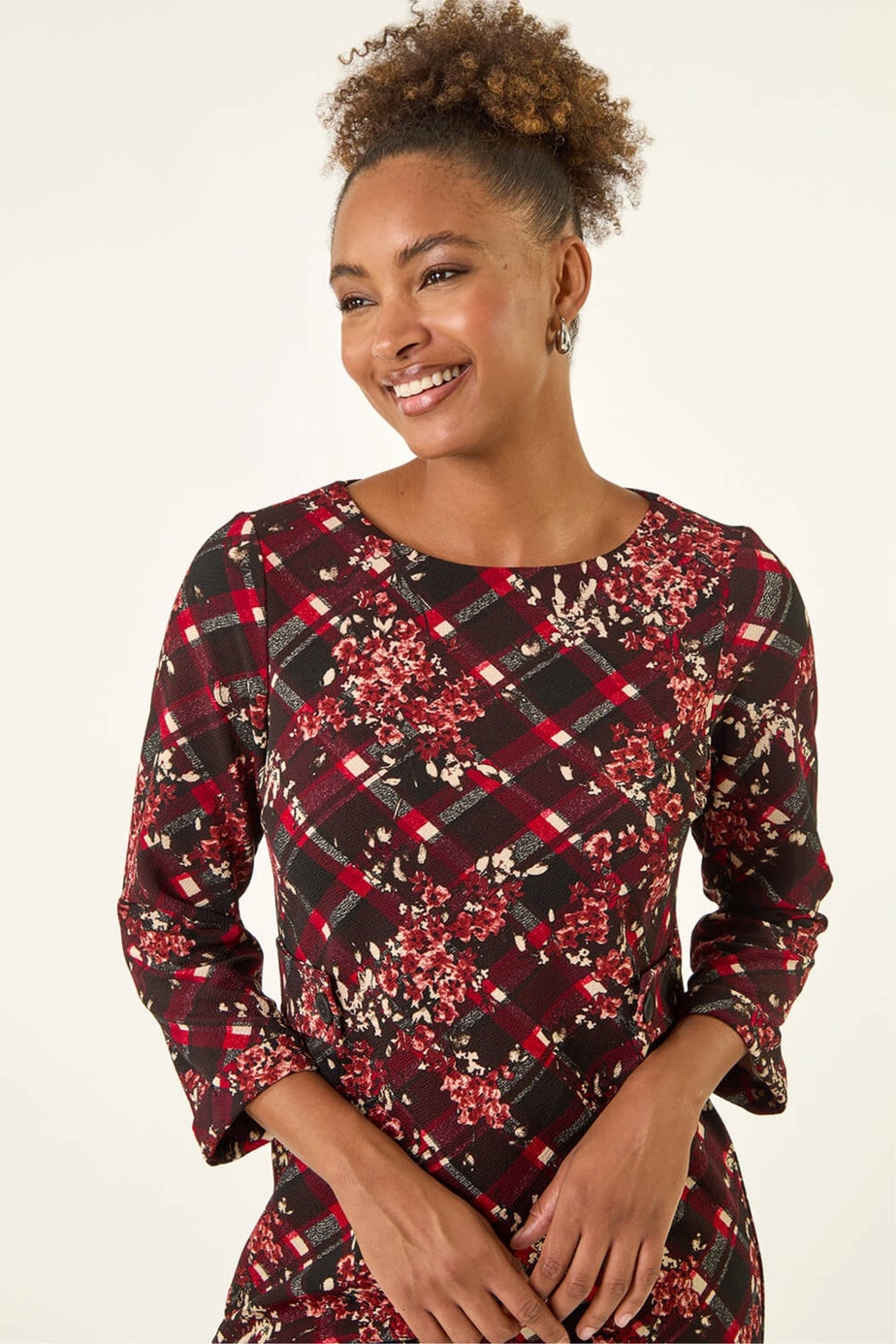 Roman Wine Floral Plaid Panel Shift Dress