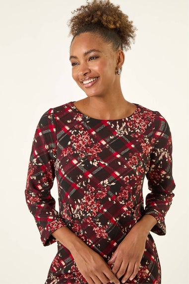 Roman Wine Floral Plaid Panel Shift Dress
