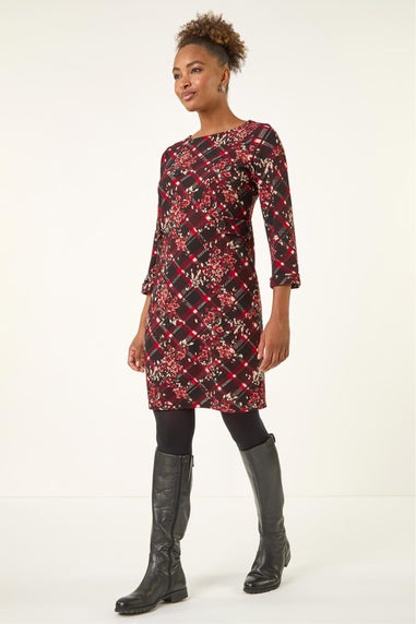 Roman Wine Floral Plaid Panel Shift Dress