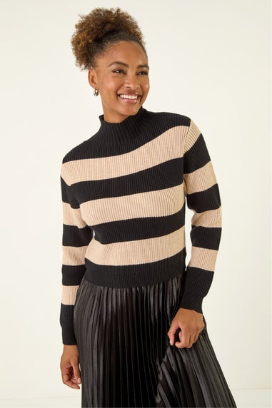 Roman Black Stripe Knit Bodice Pleated Skirt Dress