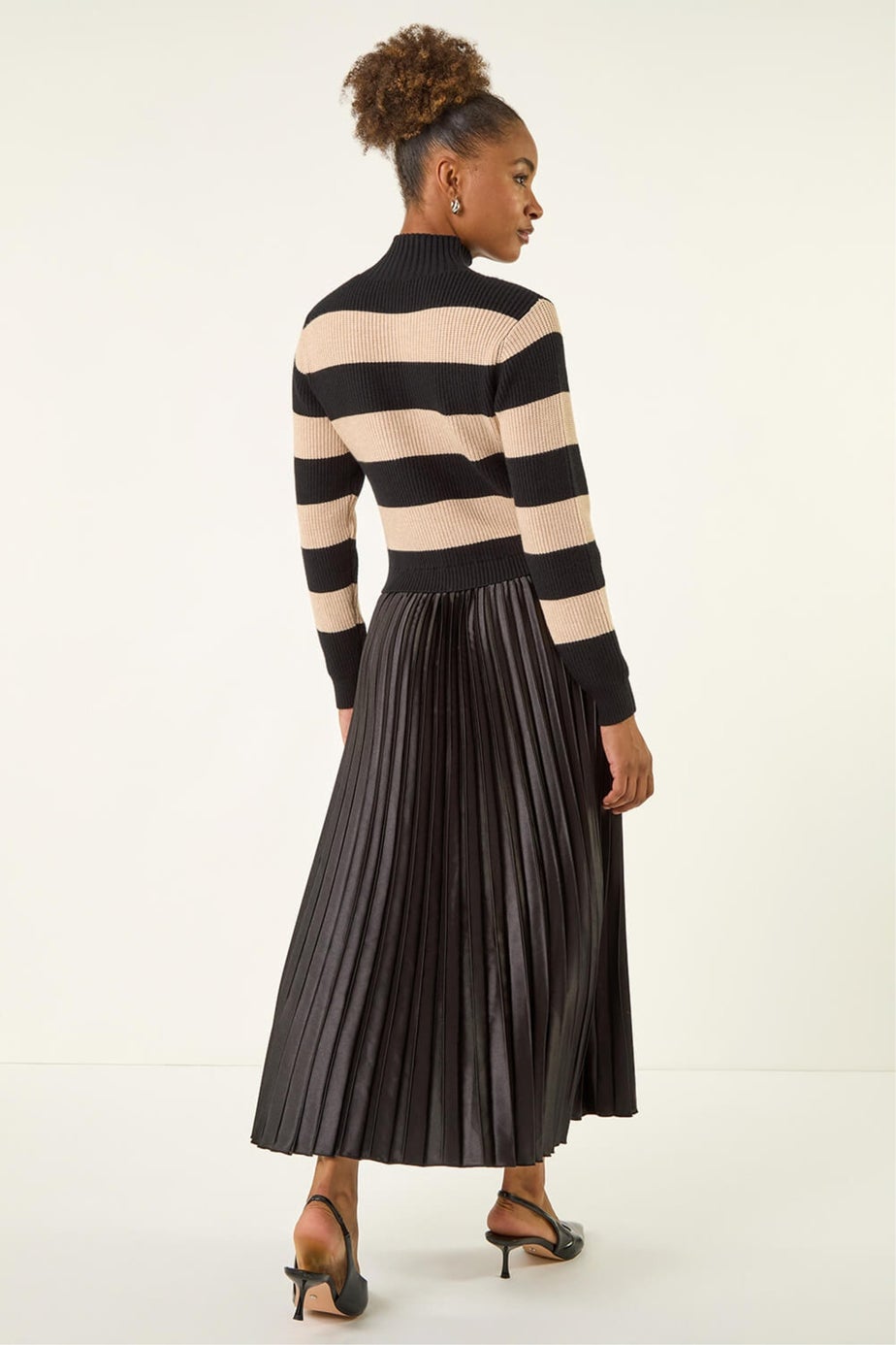 Roman Black Stripe Knit Bodice Pleated Skirt Dress