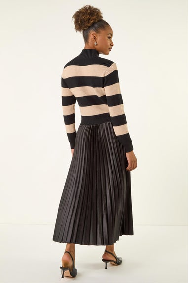 Roman Black Stripe Knit Bodice Pleated Skirt Dress
