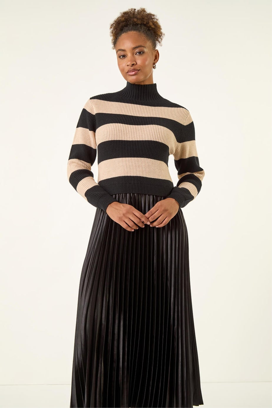 Roman Black Stripe Knit Bodice Pleated Skirt Dress