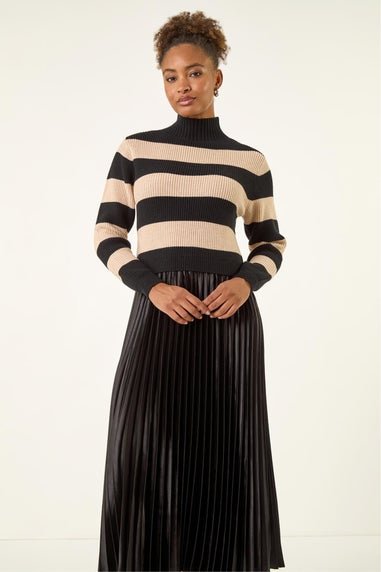 Roman Black Stripe Knit Bodice Pleated Skirt Dress