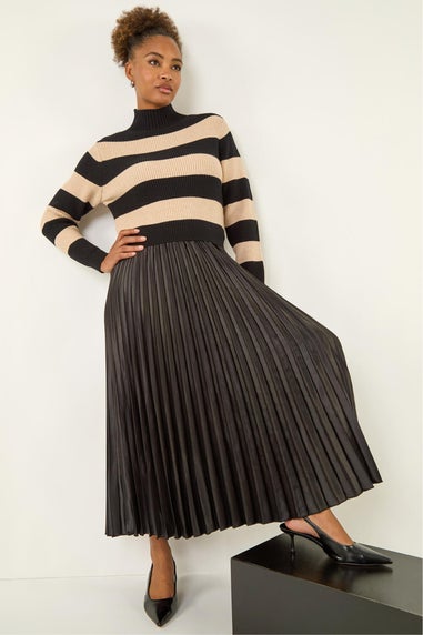 Roman Black Stripe Knit Bodice Pleated Skirt Dress