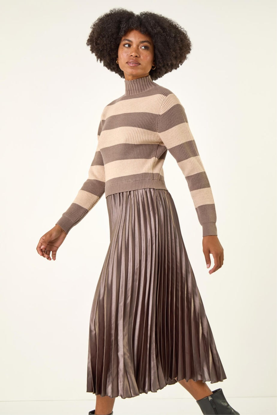 Roman Tan Stripe Knit Bodice Pleated Skirt Dress