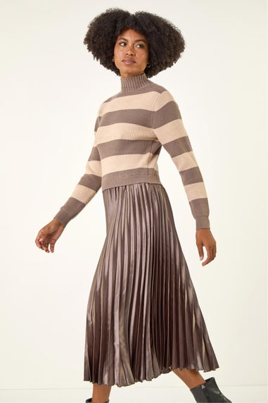 Roman Tan Stripe Knit Bodice Pleated Skirt Dress