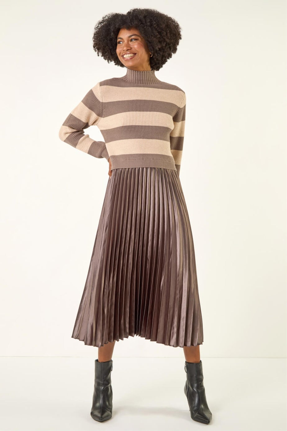Roman Tan Stripe Knit Bodice Pleated Skirt Dress