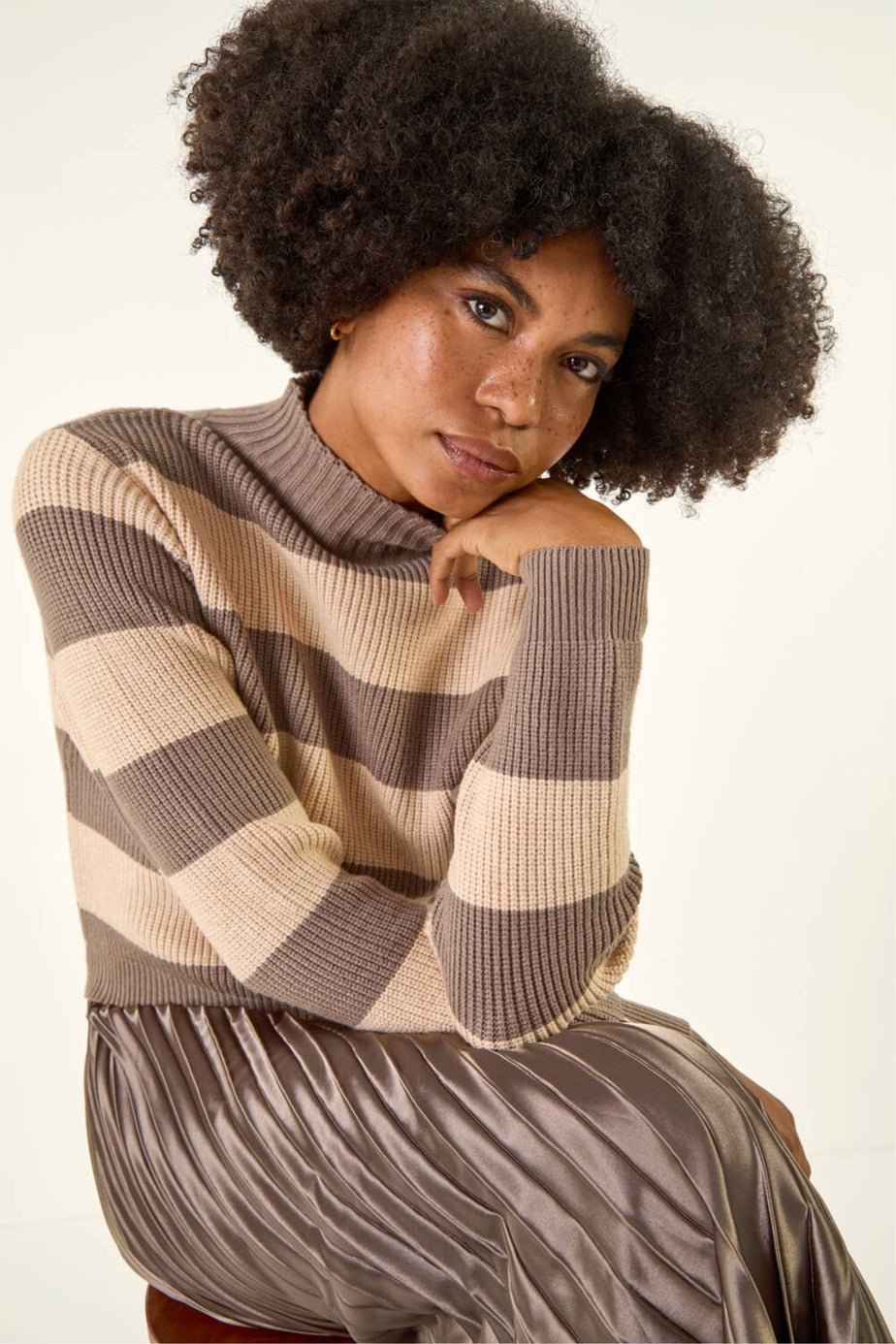 Roman Tan Stripe Knit Bodice Pleated Skirt Dress