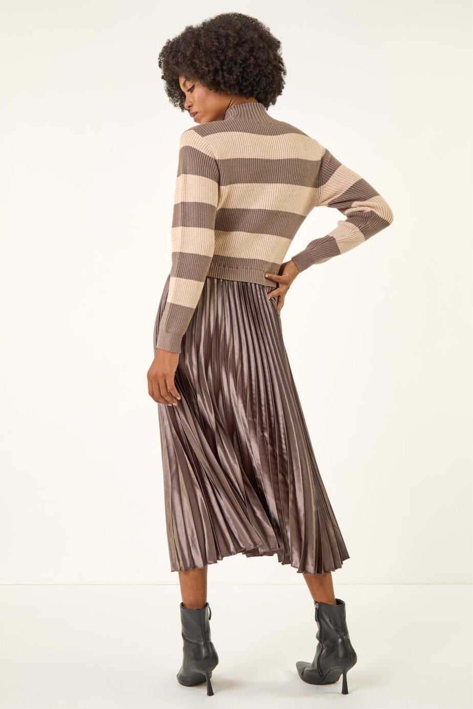 Roman Tan Stripe Knit Bodice Pleated Skirt Dress