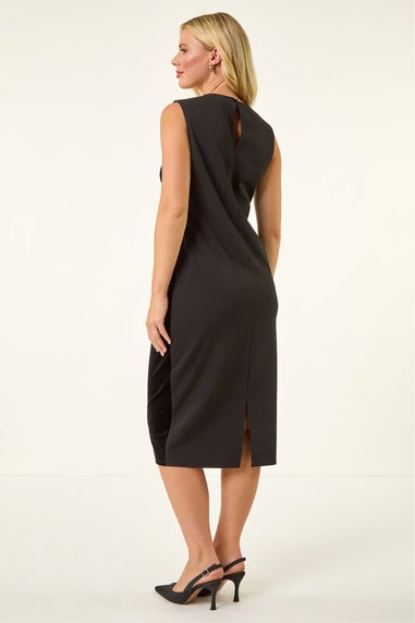 Roman Black Petite Velvet Constrast Ruched Dress