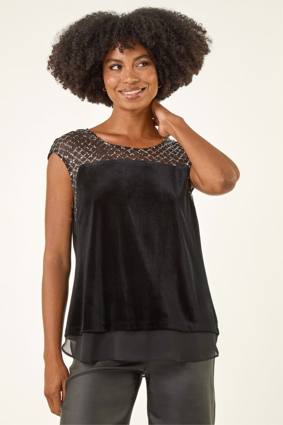 Roman Black Velvet Sequin Mesh Top