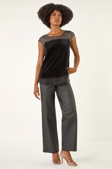 Roman Black Velvet Sequin Mesh Top