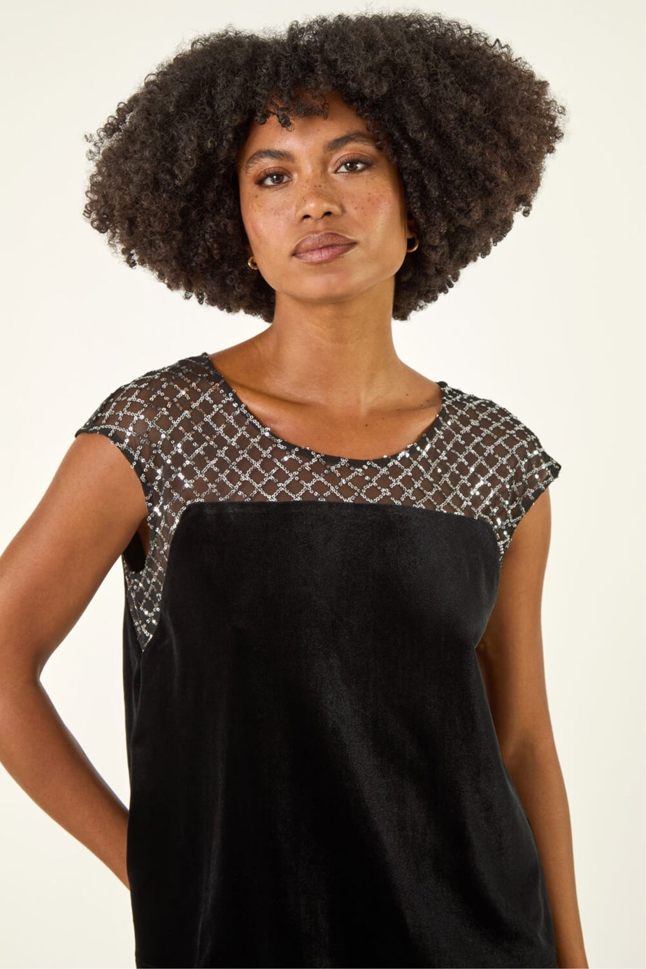 Roman Black Velvet Sequin Mesh Top