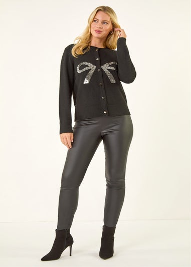 Roman Black Petite Bow Sequin Knit Cardigan