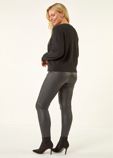 Roman Black Petite Bow Sequin Knit Cardigan