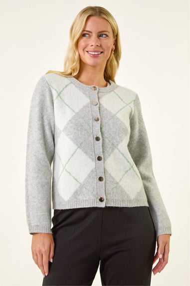 Roman Grey Petite Argyle Buttoned Knit Cardigan