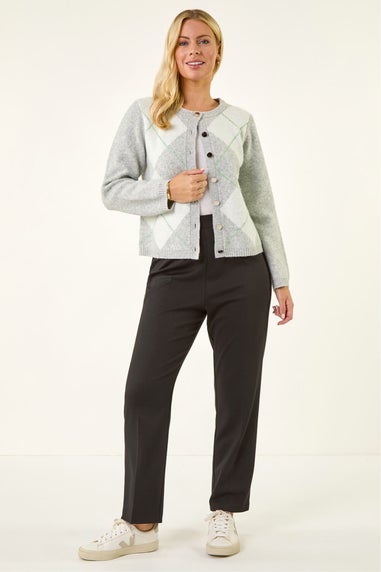 Roman Grey Petite Argyle Buttoned Knit Cardigan