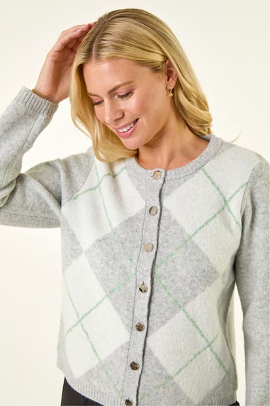 Roman Grey Petite Argyle Buttoned Knit Cardigan