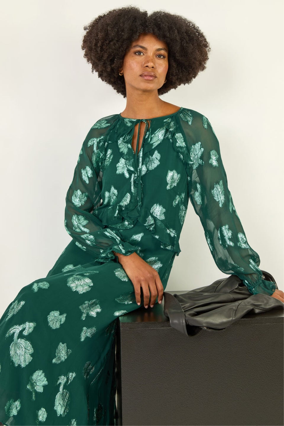 Roman Green Floral Brocade Frill Midi Dress