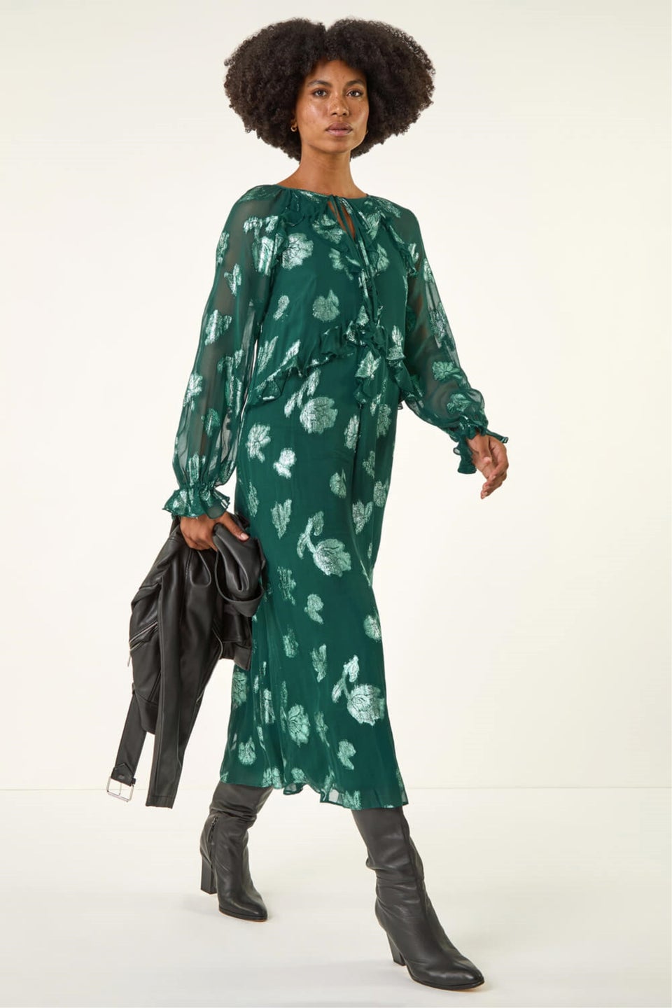 Roman Green Floral Brocade Frill Midi Dress