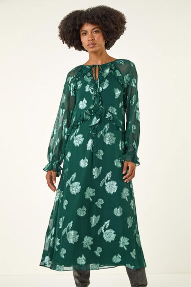 Roman Green Floral Brocade Frill Midi Dress