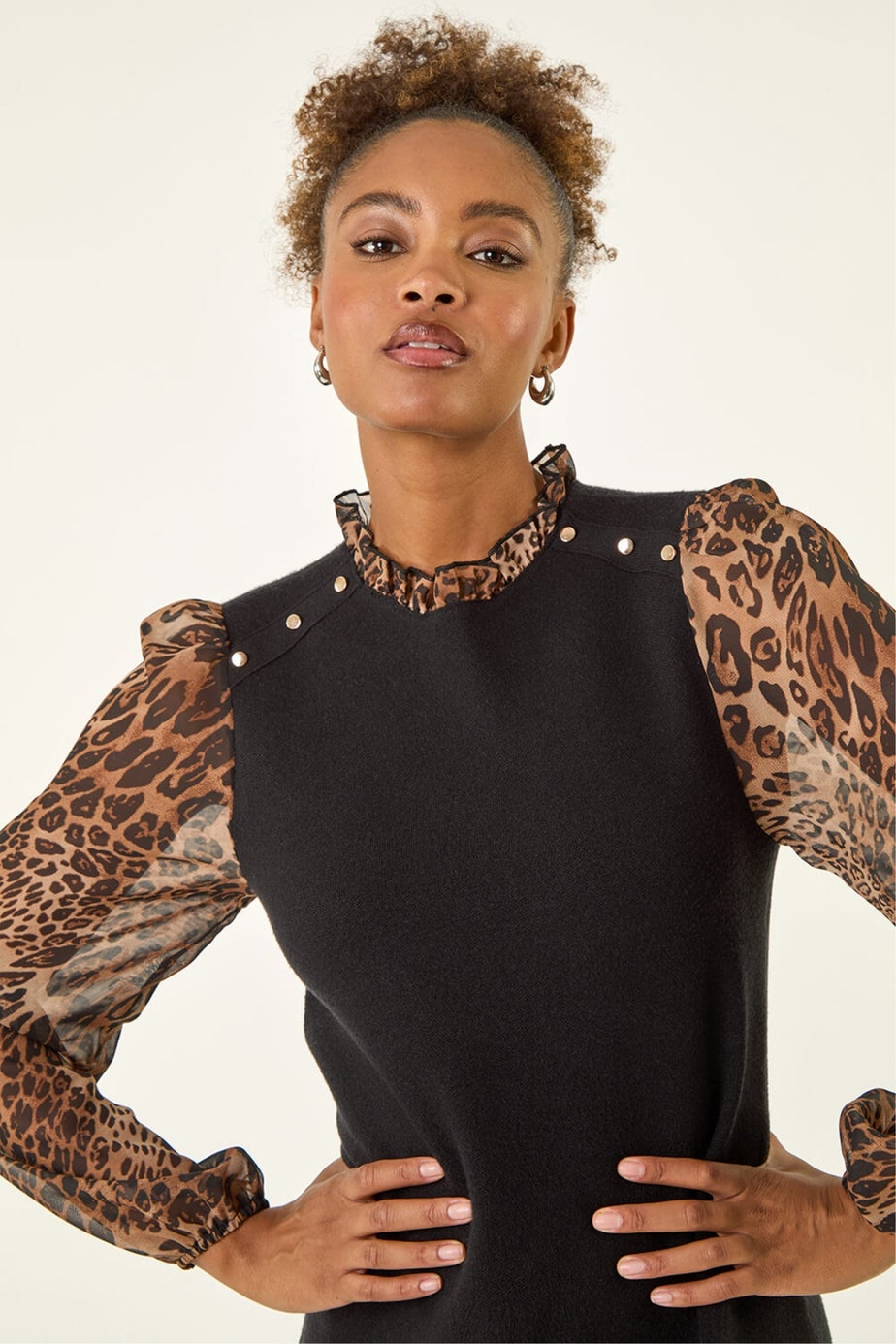 Roman Tan Animal Print Frill Knitted Dress