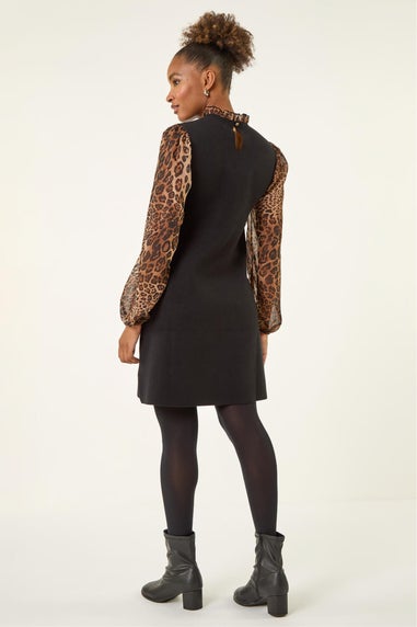 Roman Tan Animal Print Frill Knitted Dress