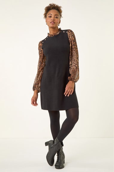 Roman Tan Animal Print Frill Knitted Dress