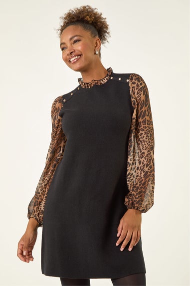 Roman Tan Animal Print Frill Knitted Dress