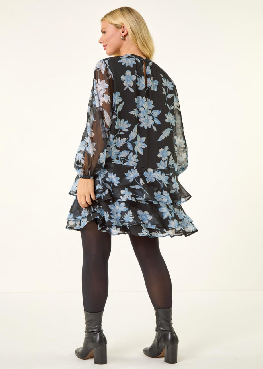 Roman Black Petite Floral Print Frill Swing Dress