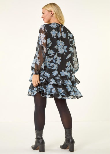 Roman Black Petite Floral Print Frill Swing Dress