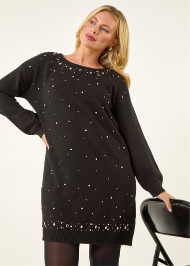 Roman Black Petite Embellished Knit Dress