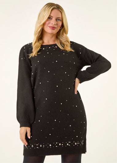 Roman Black Petite Embellished Knit Dress