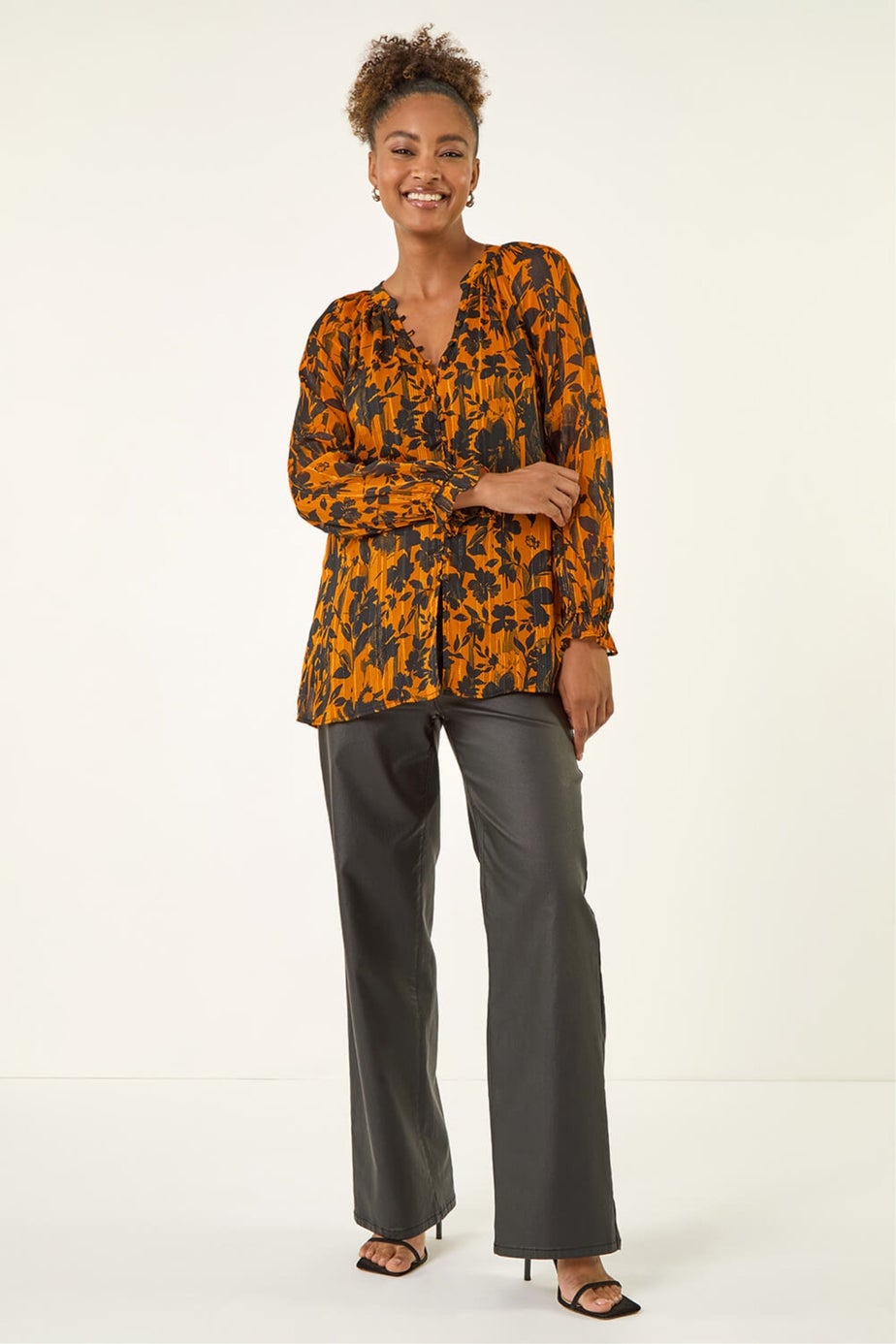 Roman Orange Metallic Floral Buttoned Blouse