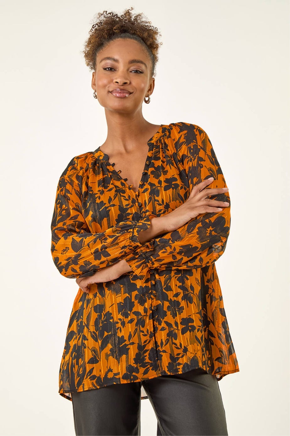 Roman Orange Metallic Floral Buttoned Blouse