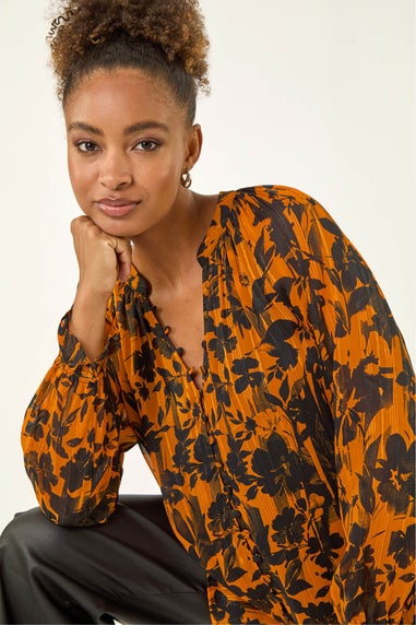 Roman Orange Metallic Floral Buttoned Blouse