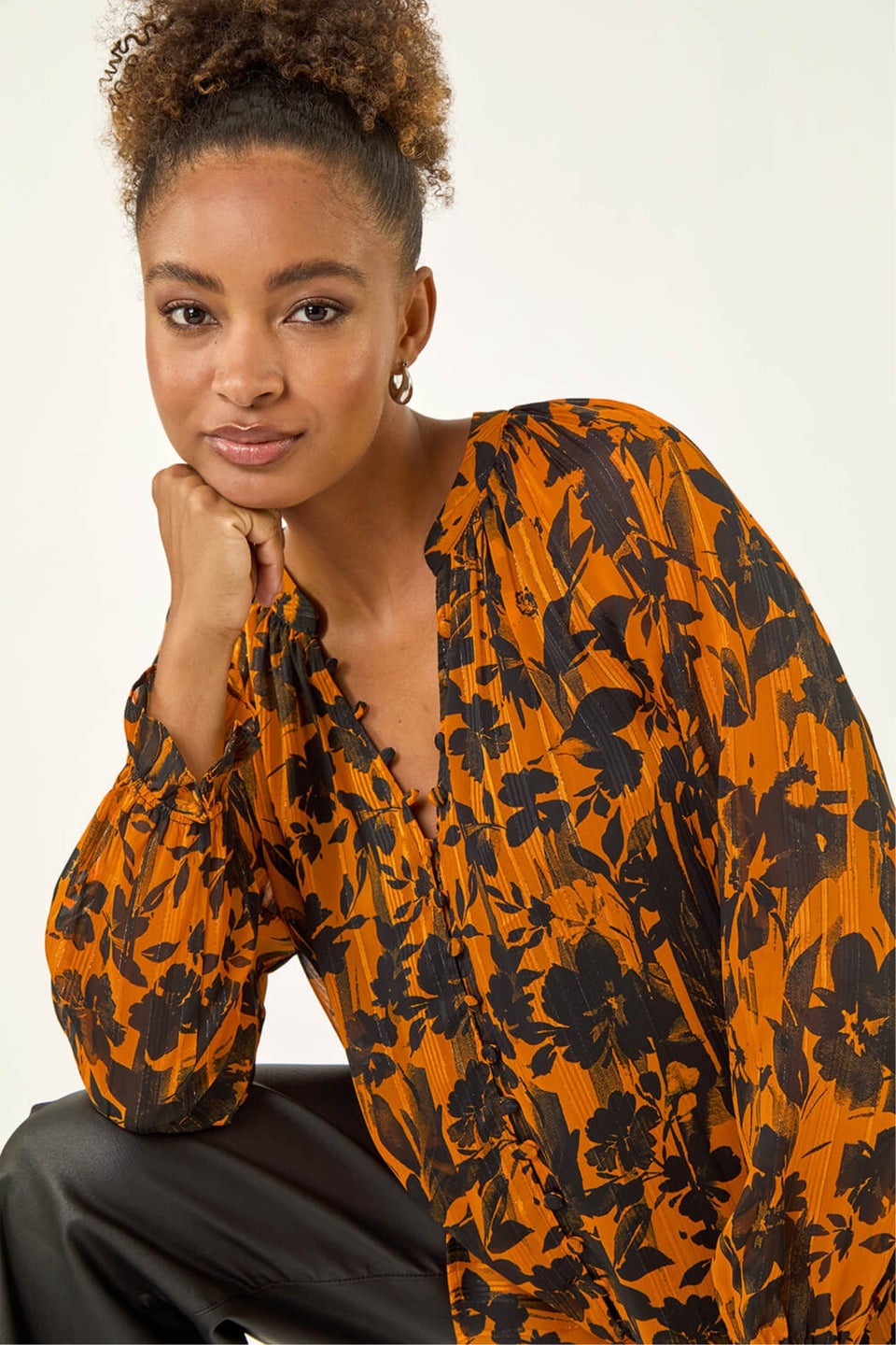 Roman Orange Metallic Floral Buttoned Blouse