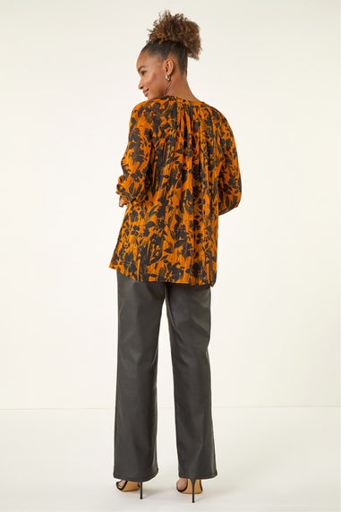 Roman Orange Metallic Floral Buttoned Blouse