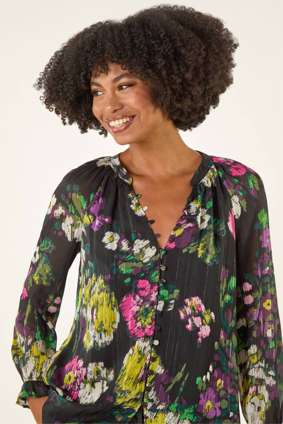 Roman Black Metallic Floral Print Blouse