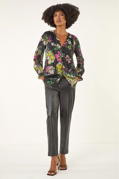 Roman Black Metallic Floral Print Blouse
