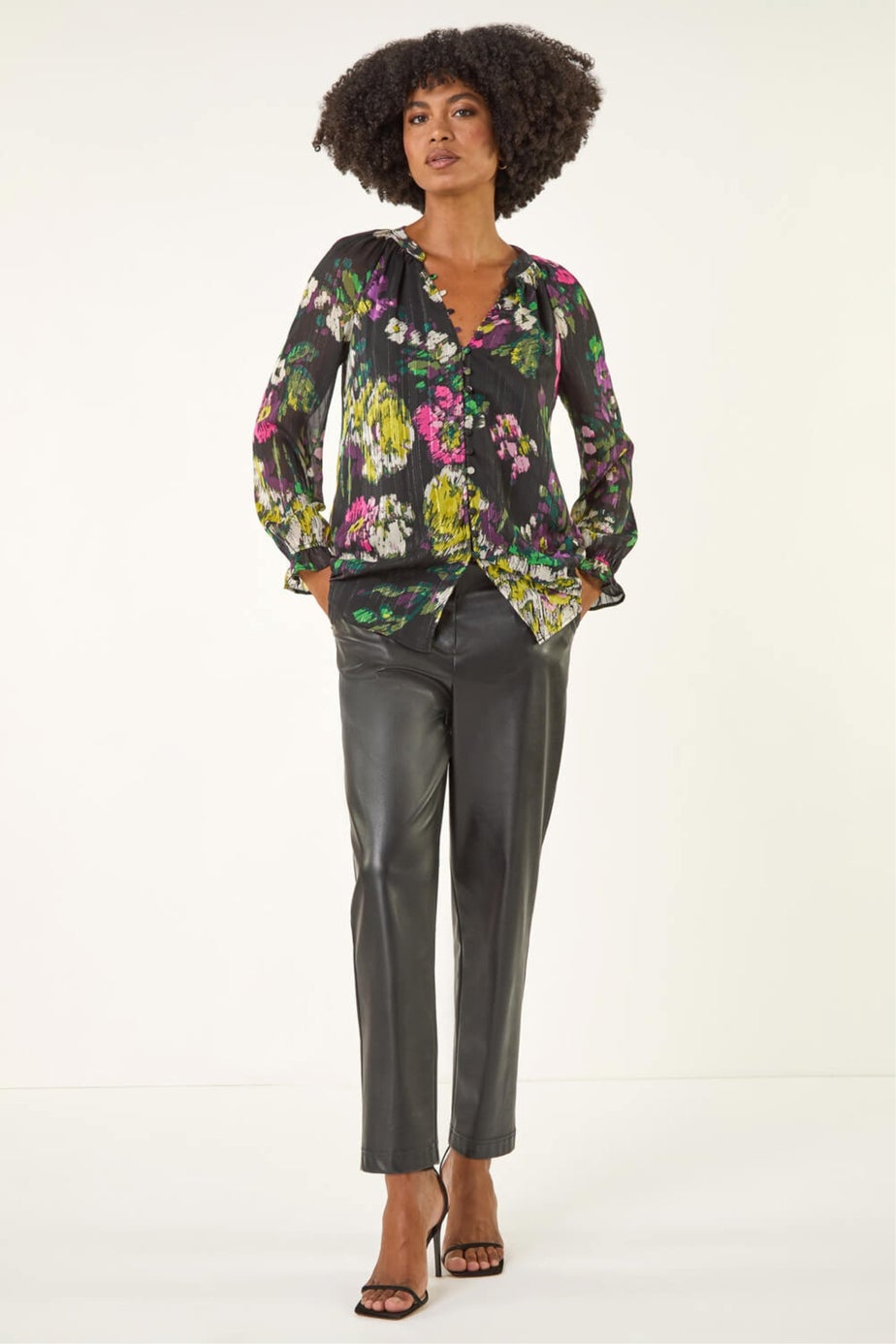 Roman Black Metallic Floral Print Blouse
